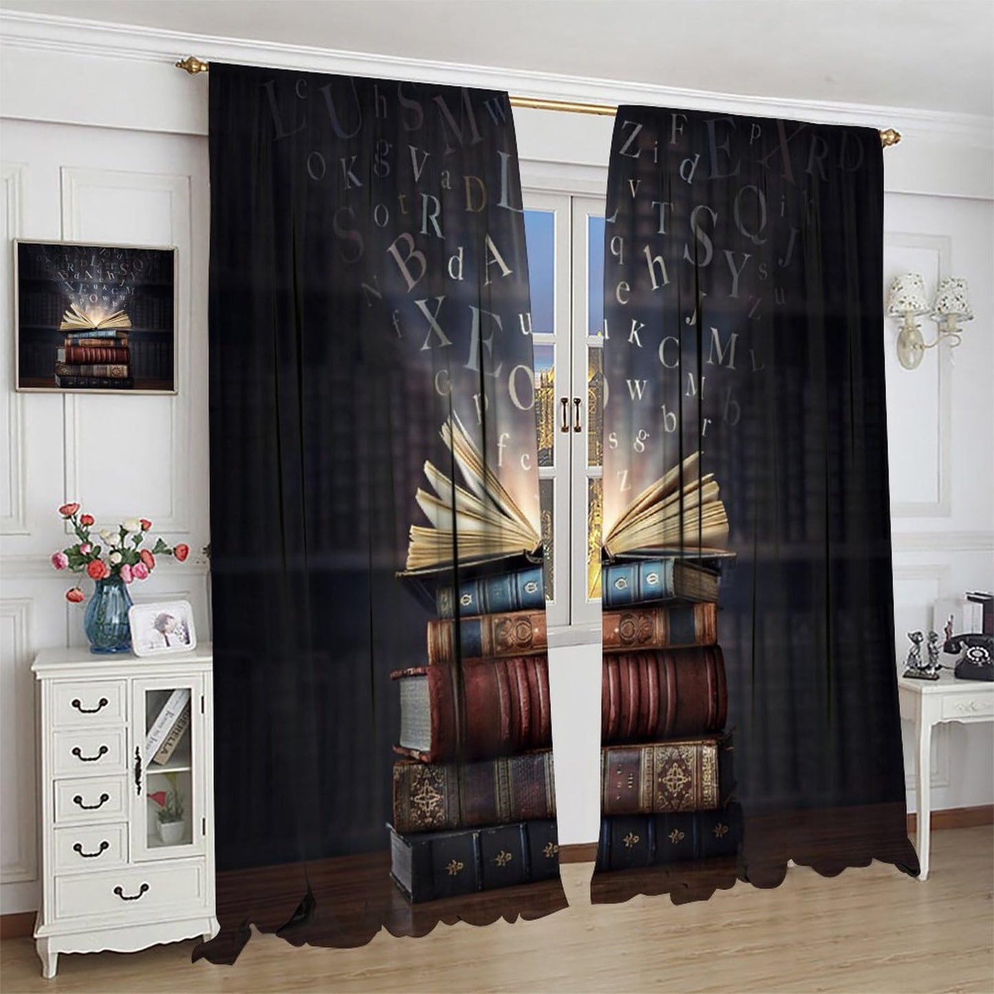 Nsbul Book Stack Curtains Mystical Alphabet Open Book Design Window Treatment Vintage Bookshelf Window Drapes for Bedroom Living Room,42" W X 45" L (No Blackout)