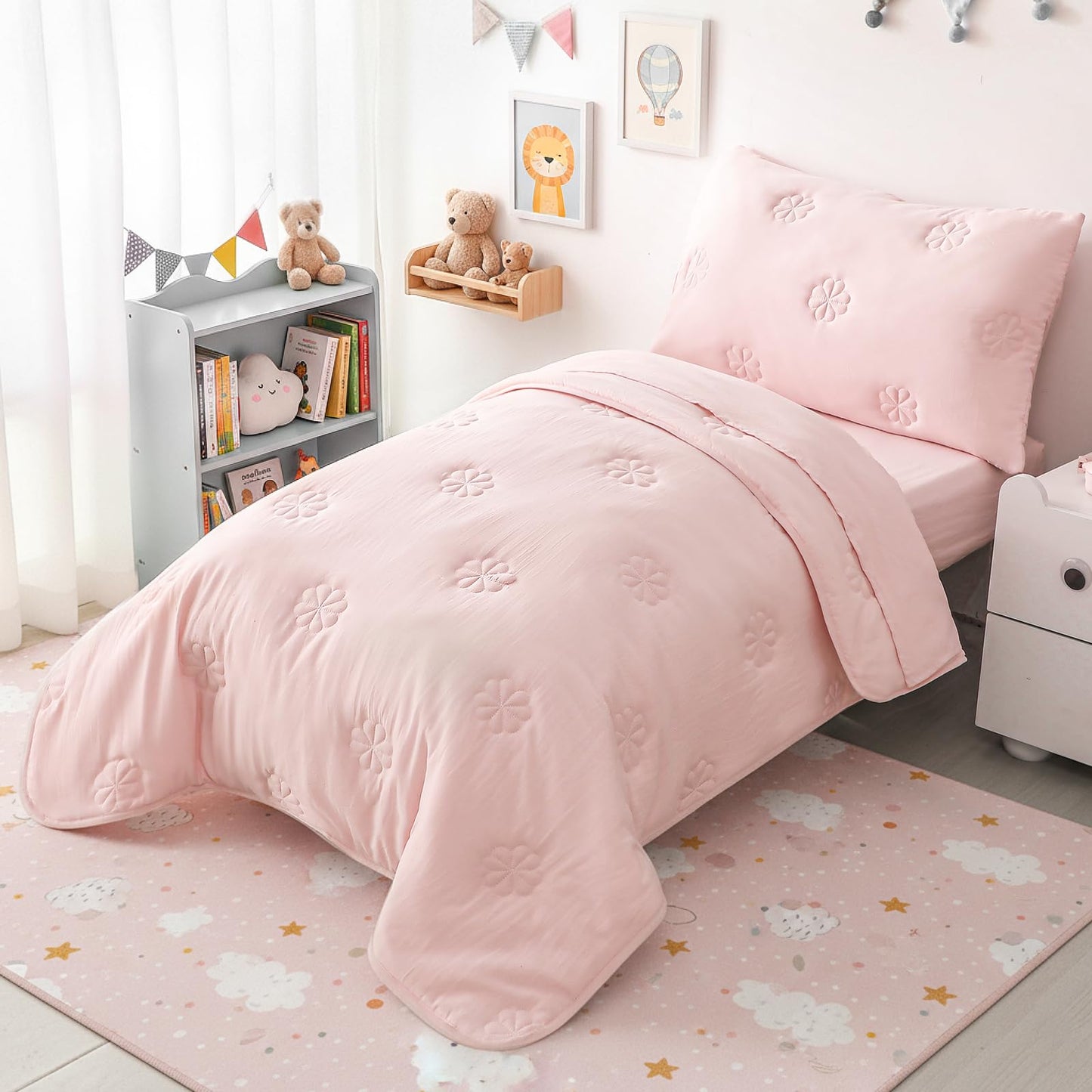 DreLunis Pink Toddler Bedding Sets for Girls, 4 Pieces Soft Microfiber Floral Embroidery Toddler Bed-in-a-Bag Includes Soft Comforter, Flat Sheet, Fitted Sheet, Envelope Pillowcase