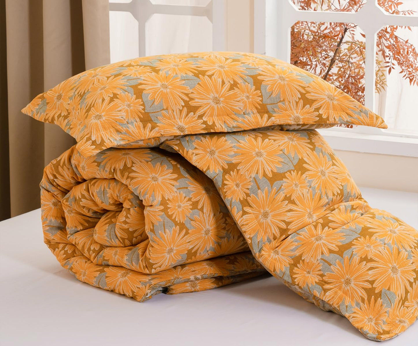 SLEEPBELLA Washed Double Layer Muslin 100% Cotton Comforter Set Queen Size, Yellow & Blue Sunflower Pattern Fluffy Thick Checked Bedding Set, Soft Breathable (1 Comforter, 2 Pillow Shams)