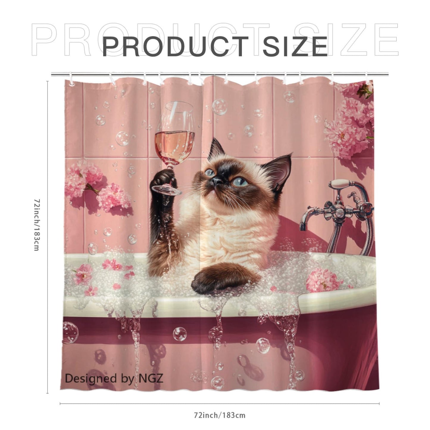 NGZ Funny Siamese Cat Shower Curtain, SPA Siamese Cat with Wine, Pink Shower Curtain, 72x72 Inches Floral Shower Curtains for Bathroom, Bath Curtains Set with 12 Hooks