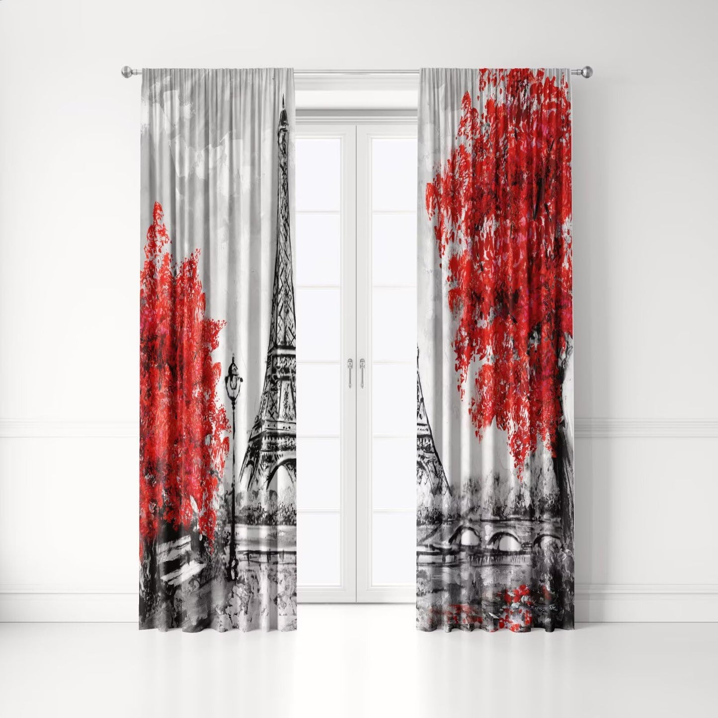 Paris Eiffel Tower Blackout Curtains, Romantic French Famous Place Landmark Red Flower Abstract Art Oil Painting Print Decor Window Treatments, Drapes for Girls Room Bedroom, 42 x 45 inch 2 Panels