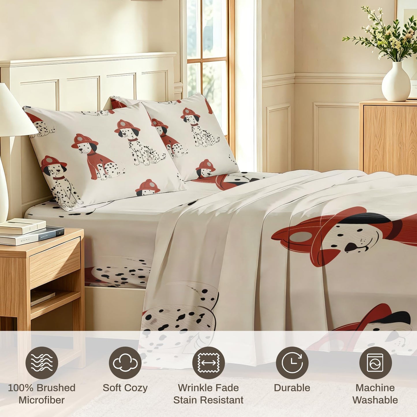 Firefighter Dog Twin Bedding Set Dalmatian Sheet Sets, Red Beige