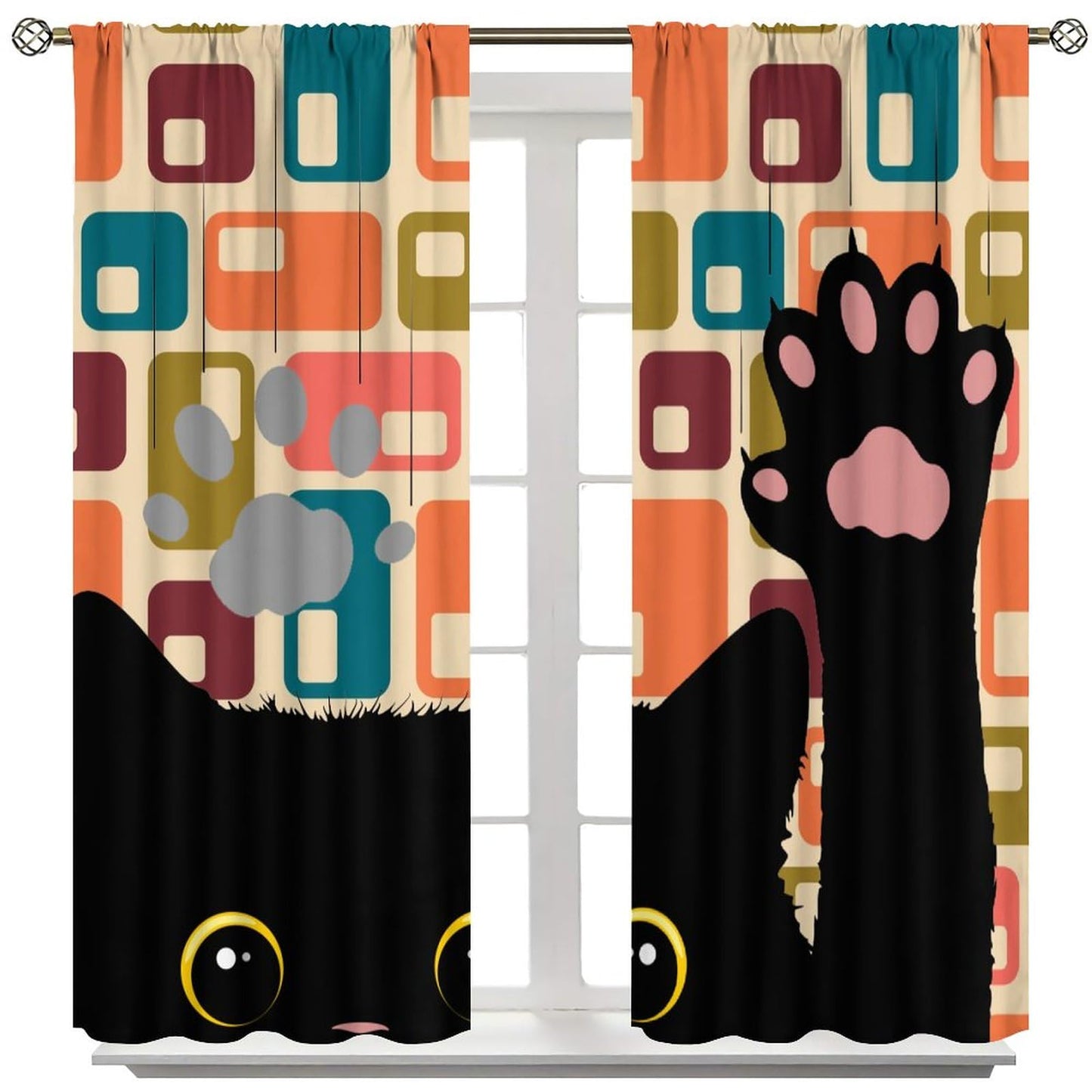 XBDDZSW Funny Cat Cute Cartoon Kids Curtains Modern Retro Boho Minimalism Abstract Geometric Background Kids Bedroom Living Room Decorative Blackout Curtains W42 * L45inch