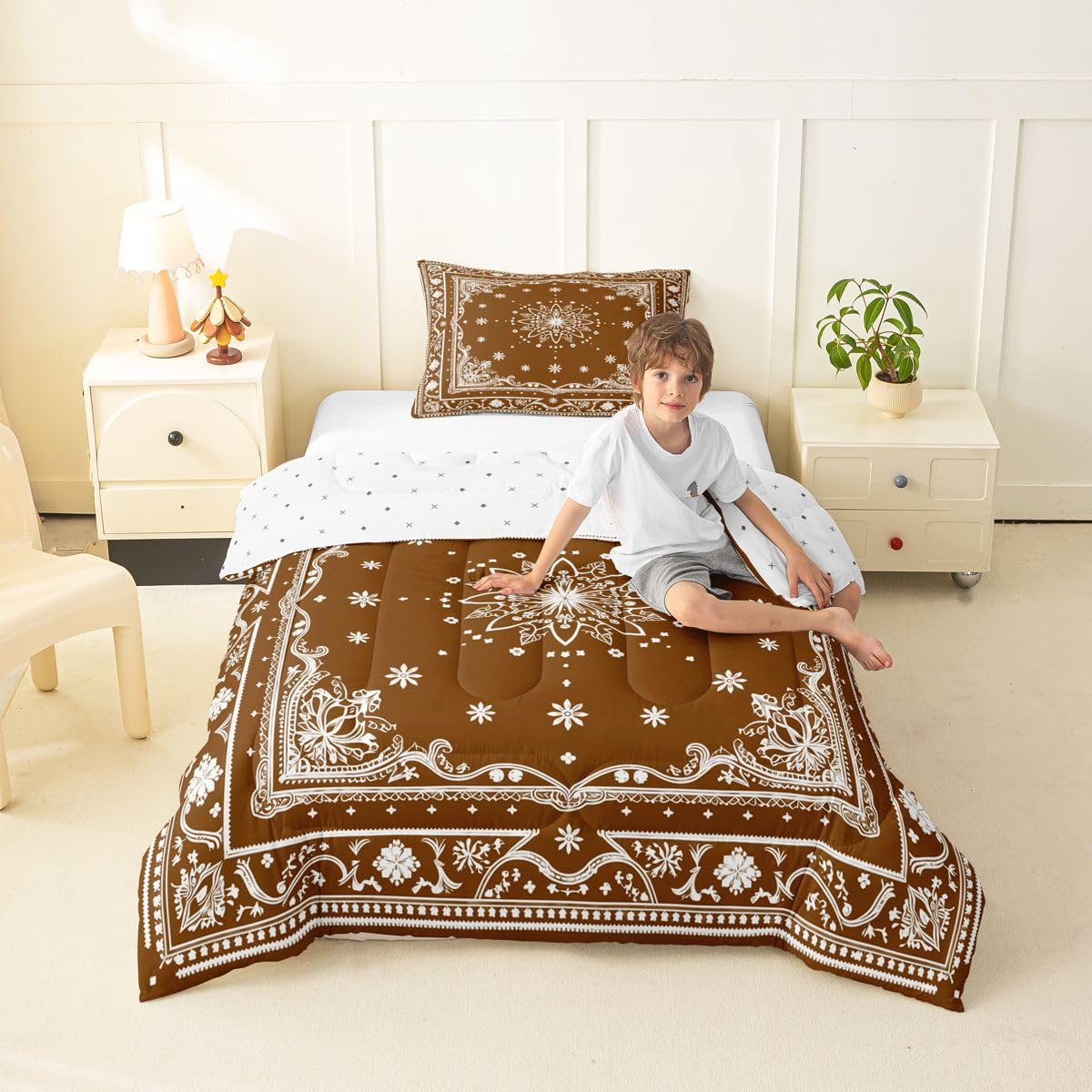Feelyou Flower Kids Comforter Set Toddler Size Paisley Bedding Set Boho Paisley Brown Print Duvet Quilt for Kids Boys Girls Bedroom Bohemian Exotic Style Decor Microfiber Ultra Soft Breathable