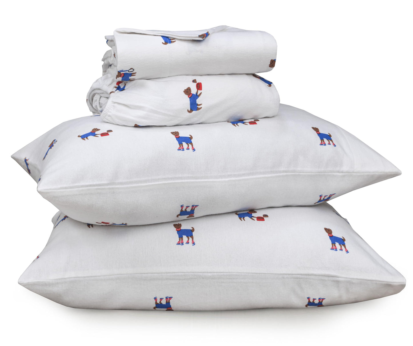 RUVANTI Flannel Sheets Queen Size - 100% Cotton Double Brushed Bed Sheets, Deep Pockets 16 Inches Queen Sheet Set, All Seasons Breathable & Extra Soft - Warm & Cozy, 4 Piece, Puppy Playoff