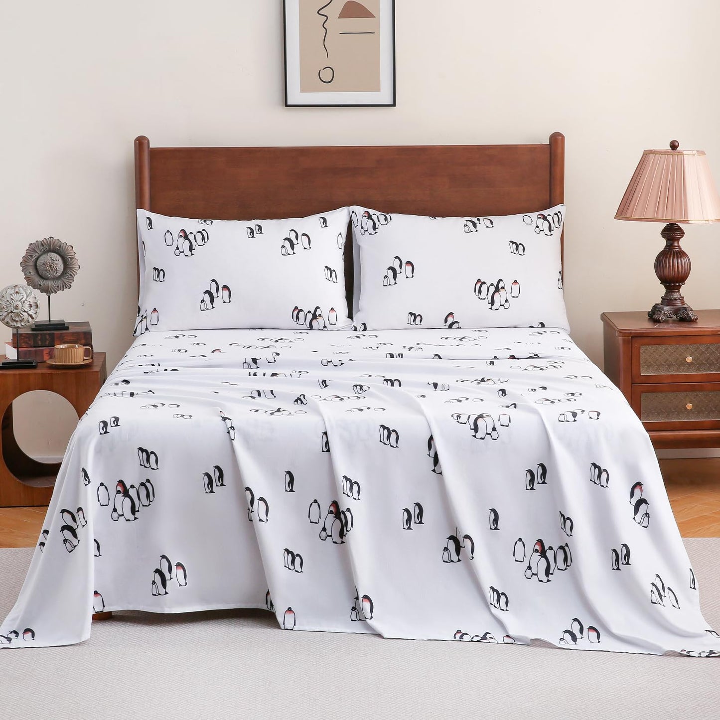 LONAVA 100% Cotton Flannel Sheet Set 4 Pieces, Heavy-Duty Fluffy Flannel Design, Thermal Lock Technology, 16 inch Deep Pocket Cozy Soft Bedsheets,(Twin,Peguin)