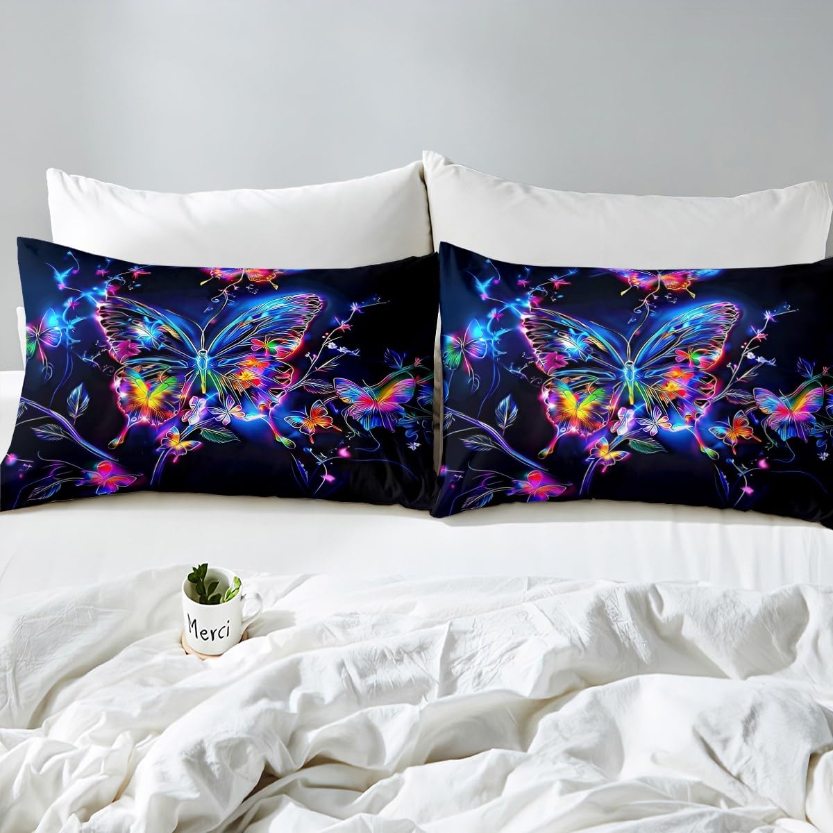 Feelyou Cute Butterfly Fitted Sheet with 1 Pillowcase Twin Size Glitter Bed Sheets Set 16" Deep Pocket Boys Girls Purple Butterfly Bedding Animals Teens Bedroom Decor