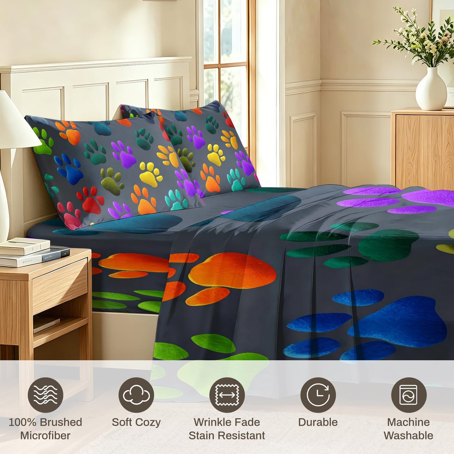 Dog Paw Sheet Set, 4 Pcs Queen Size Cat Paw Bed Sheets, Gray