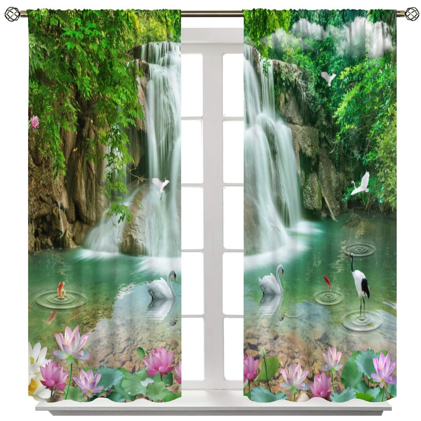 Waterfall Deocr Curtain, Japanese Style Waterfall Mountain Cloud Boat Flower Dreamy Scenes Home Decor Windows Rod Pocket Curtain for Living Room Nursery Boys Girls Bedroom Window Drapes 42" Wx45 L