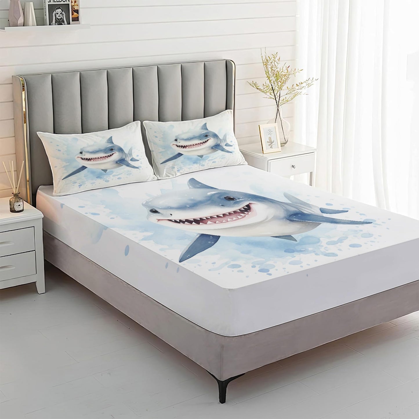 Rejkxyw King Size Sheets Set Blue Shark - Cartoon Bed Sheets - Kids Boys Sheet Set - 12 Inch Deep Pocket - Ultra Soft Winkle Free Microfiber Bedding Sheets & Pillowcases 4 Piece