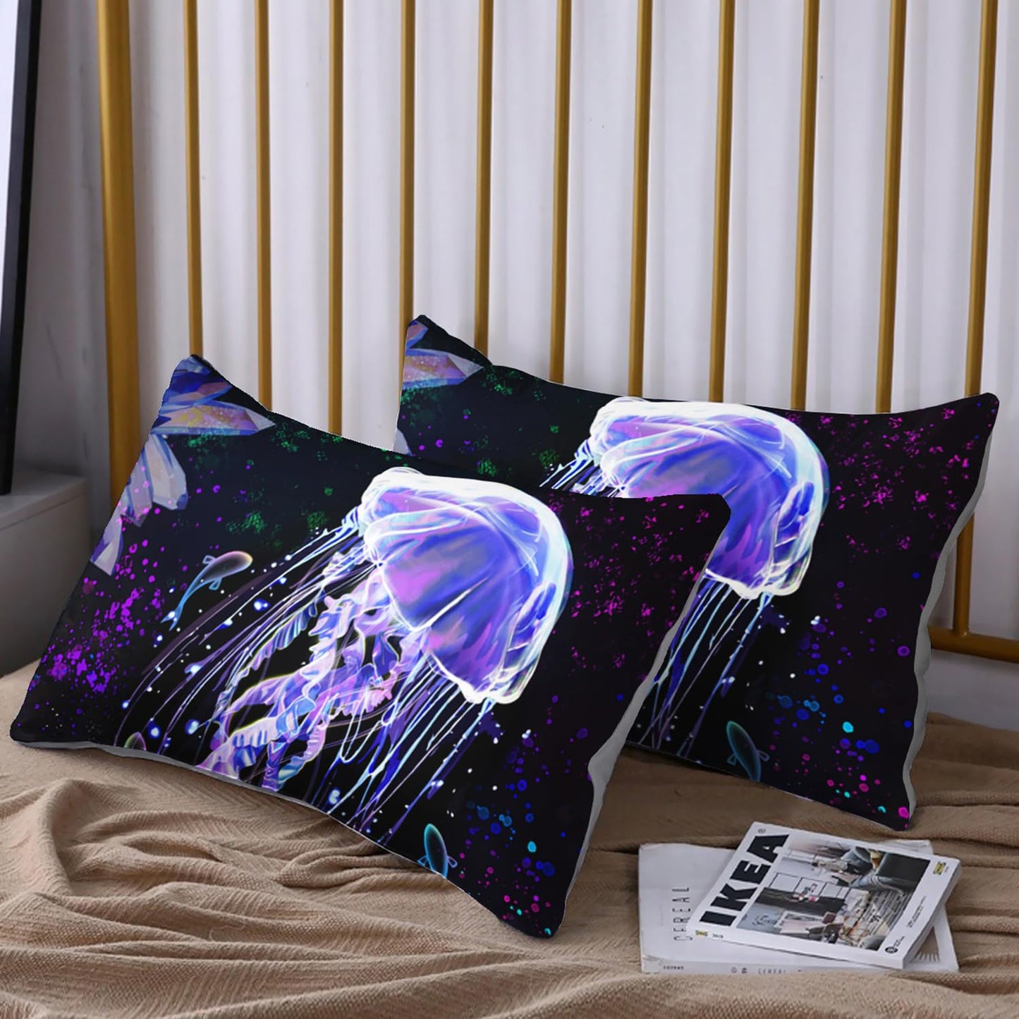 HOSIMA Dreamy Marine Life Sea Animal Bedding Colored Ink Fitted Sheet,Deep Sea Treasure Crystals Jellyfish Twin Bed in a Bag Set for Adults Kids,Ocean Beach Theme Bedding 3 Piece.