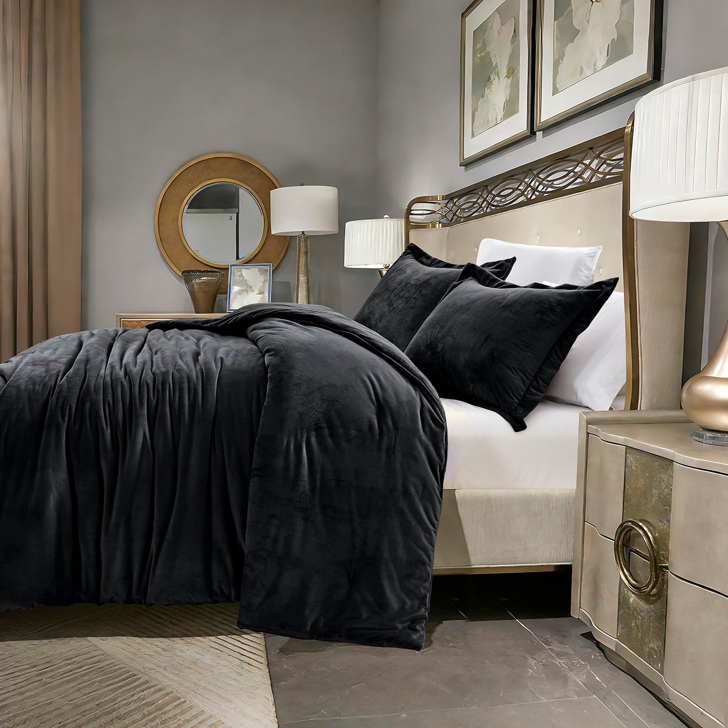 HUMESIIL Poly Plush Comforter Set, Poly Plush Fabric for Both Front and Reverse, with Downalternative Fill, 3 Pieces Queen 92"x96", Black