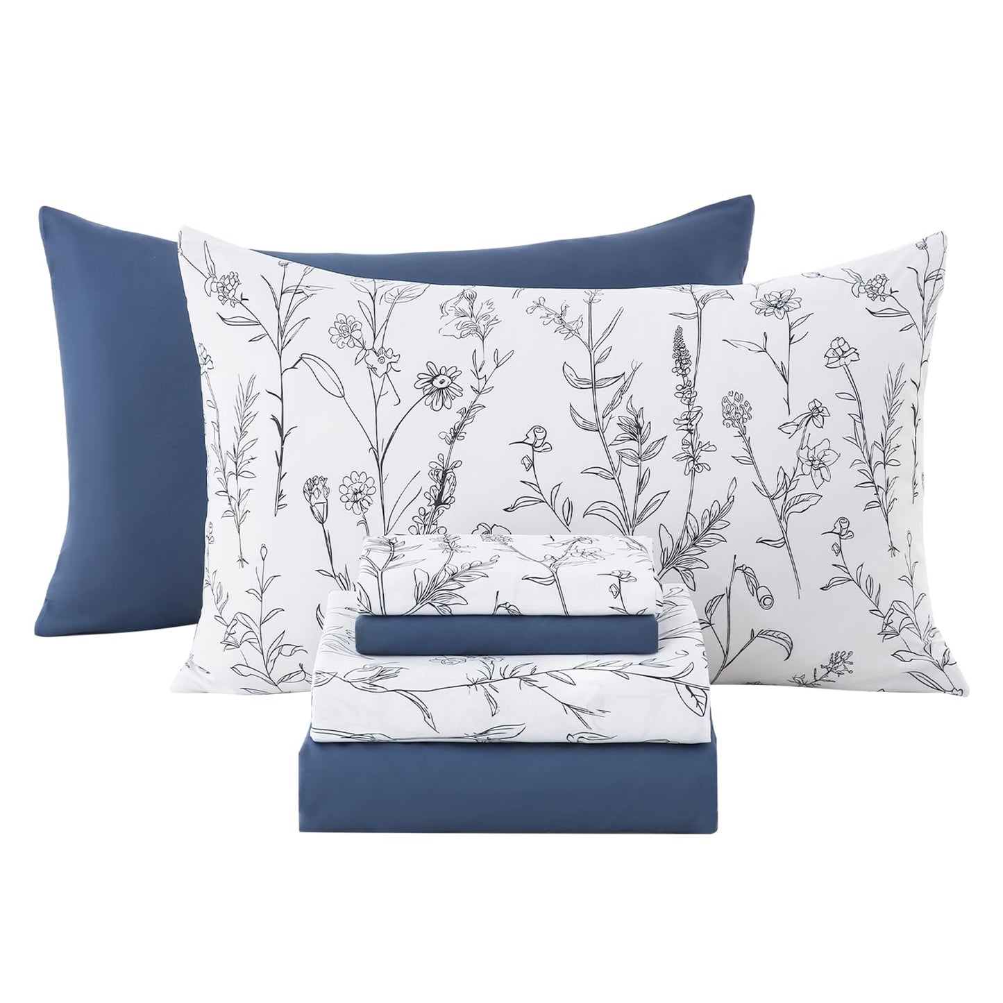 Swiftify Botanical Full Size Sheets Set 6-Piece, Boho Floral Brushed Microfiber Sheets, Cooling Bed Sheet Set, Soft & Breathable, 16' Deep Pocket Fitted Sheet & Pillowcase Set, Sketch Meadow