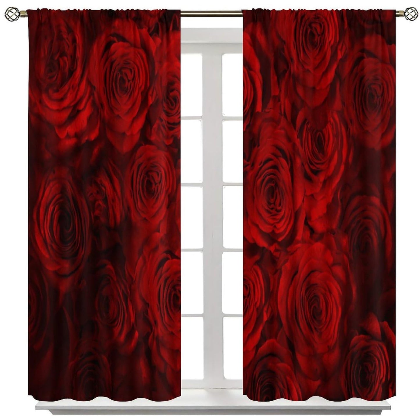 GoDazzling Romantic Flowers Rose Curtains, Floral Valentines Red Rose Blooming Rod Pocket Window Drapes, for Bedroom Living Room 41" W X 45" L (No Blackout)