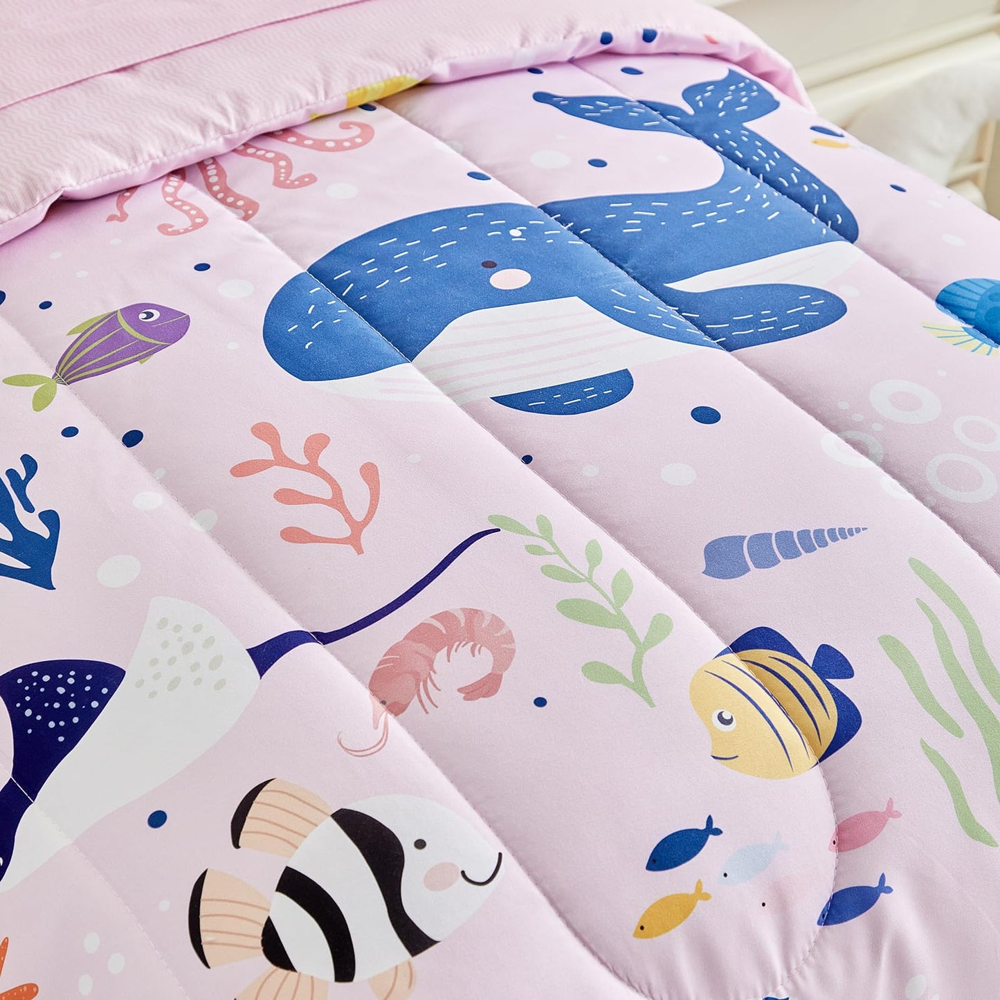 Joyreap 4 Piece Toddler Bedding Set for Girls- Ocean Theme Pink Design, Microfiber Toddler Bedding Comforter Set for All Seasons
