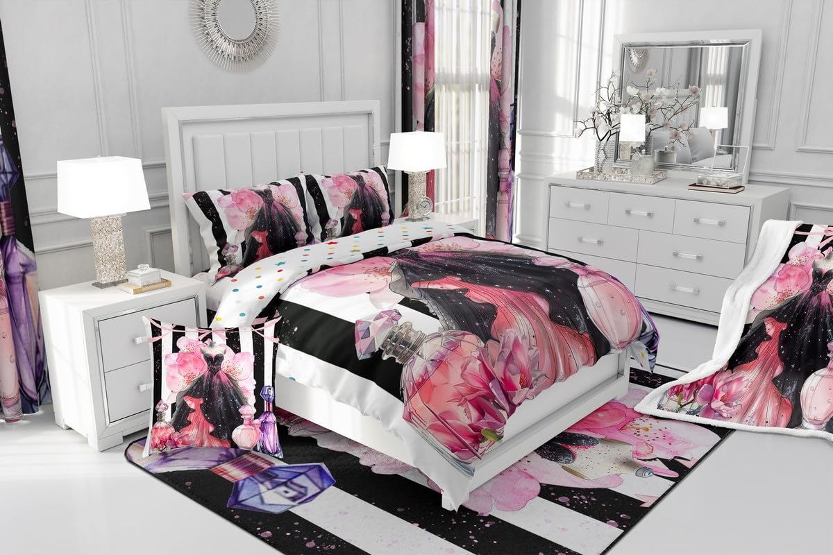 Erosebridal Girly Modern Fashion King Bedding Set | Girls Women Coquette Dress Comforter Set Black and White Striped Bed Collections Cute Coquette Bow Duvet Quilt Sets