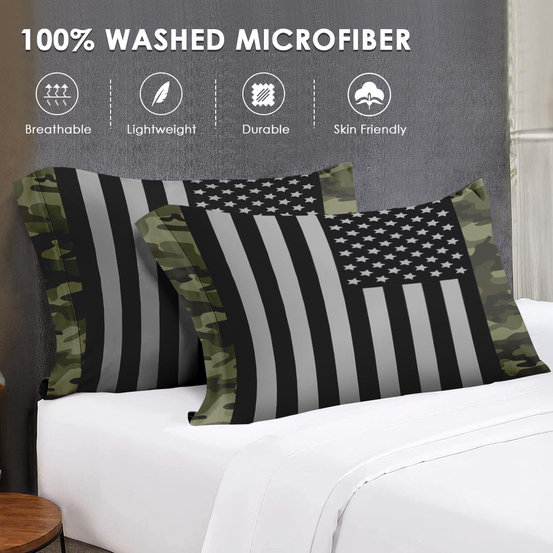 WeCozy Queen Size Comforter Set with 2 Pillowcases, Black Military Camouflage American Flag Soft 3 Pcs Bedding for Kids and Adults Bedroom Bed Decor