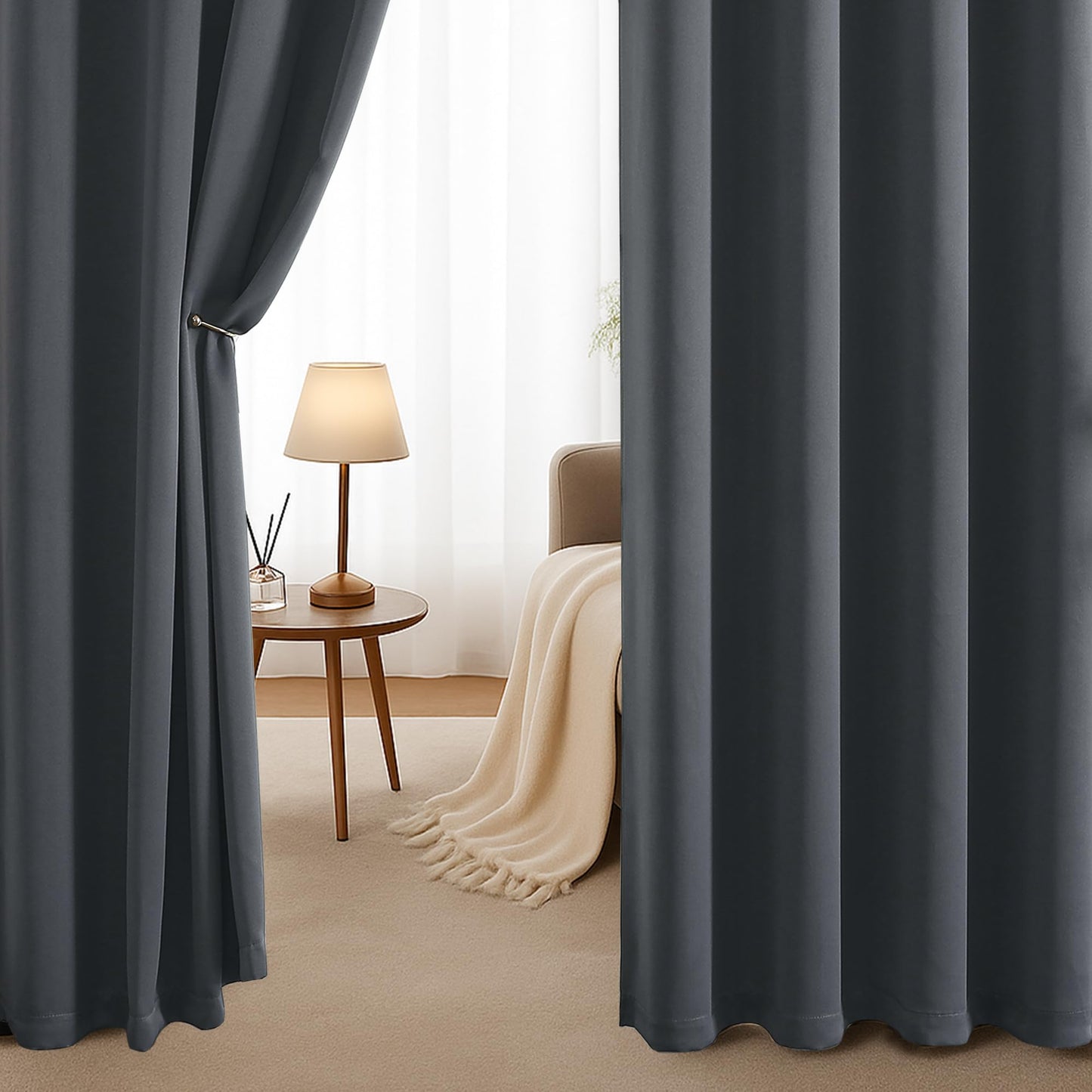 Simplebrand Grommet Blackout Curtains for Bedroom 63 Inch Length 2 Panels Set, Thermal Insulated Energy Saving Curtains for Kids Room, Solid Nursery Window Treatment Drapes, Dark Grey, W40 x L63