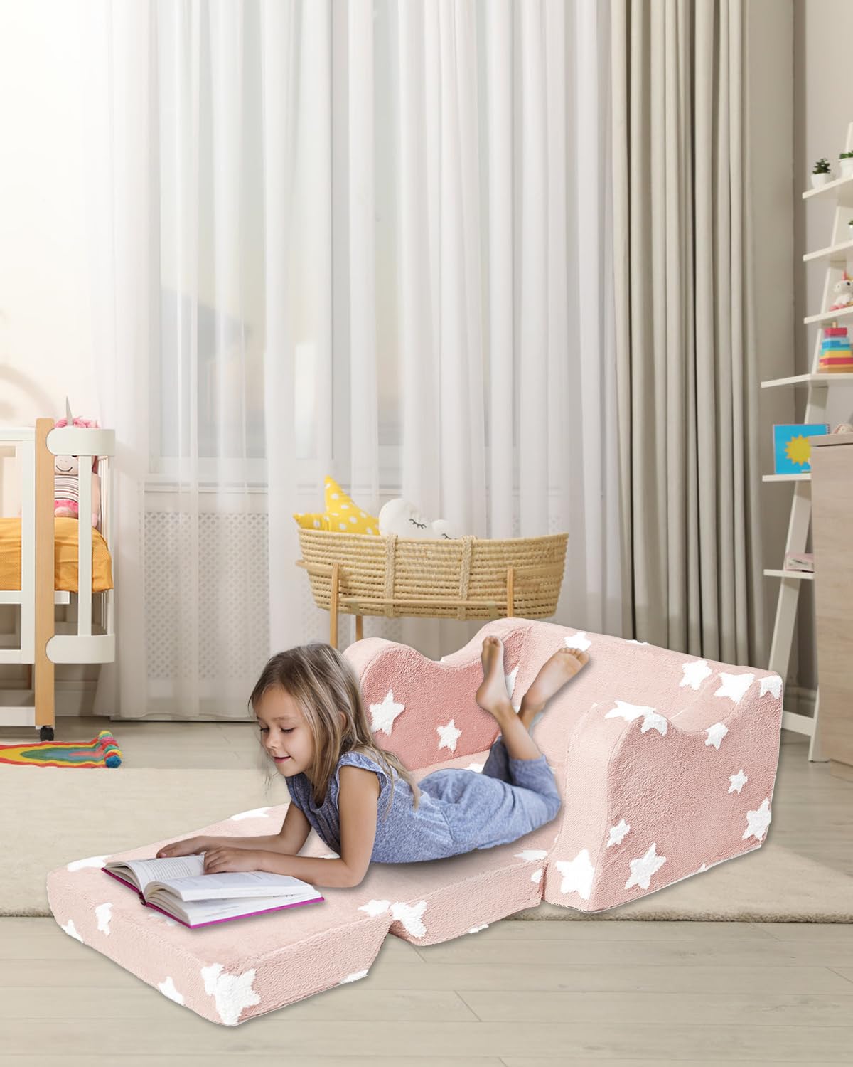 KokoSelene Toddler Couch, Kids Couch for Toddler Fold Out, 2-in-1 Convertible Kid Sofa to Lounger Bed for Girls and Boys, Ideal for Reading Sleeping Gaming Decor (Pink)