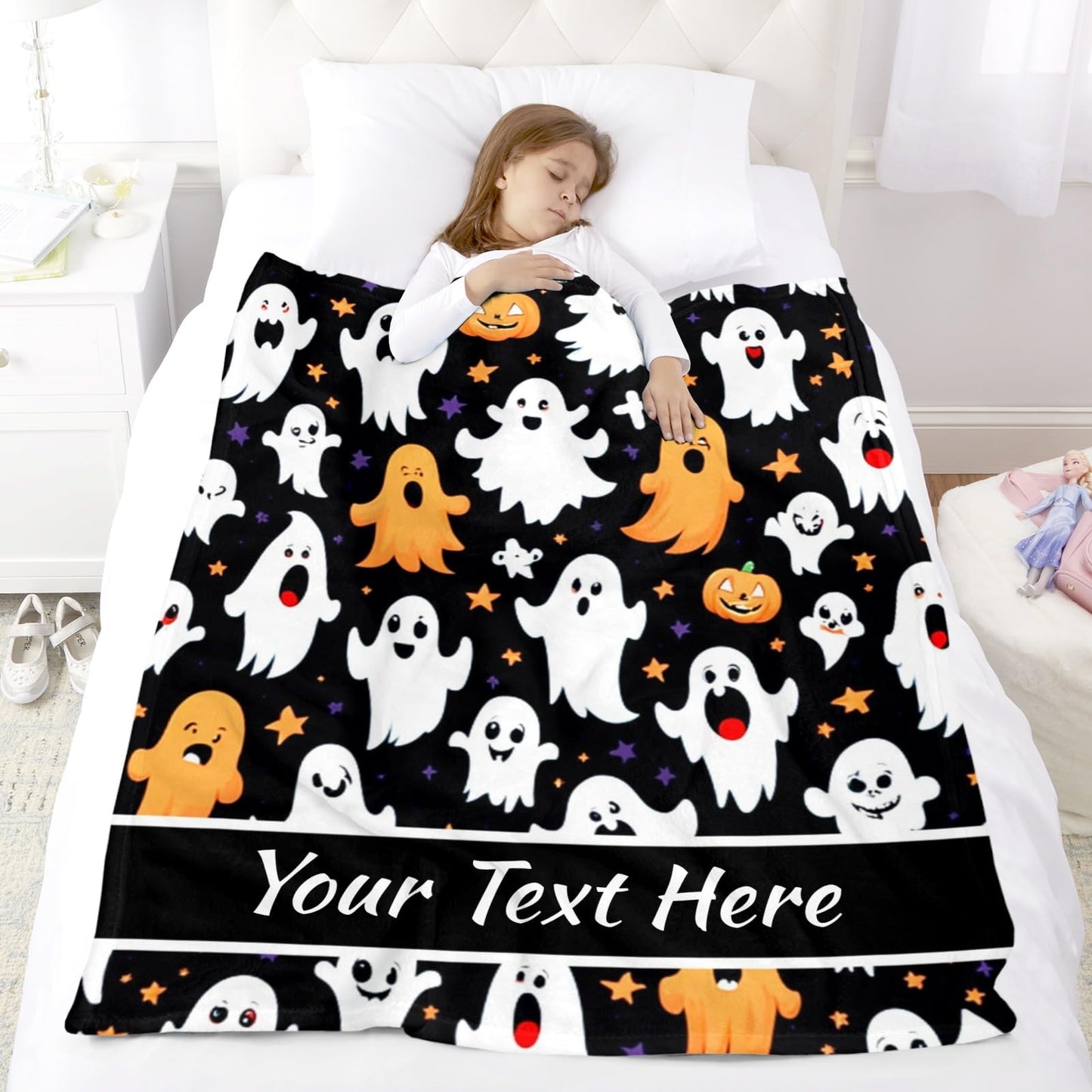 CUSPILO Personalized Halloween Blanket Ghost, Custom Blanket with Text Name, Super Soft Throw Blanket for Couch Bed Sofa, 30"" x 40""