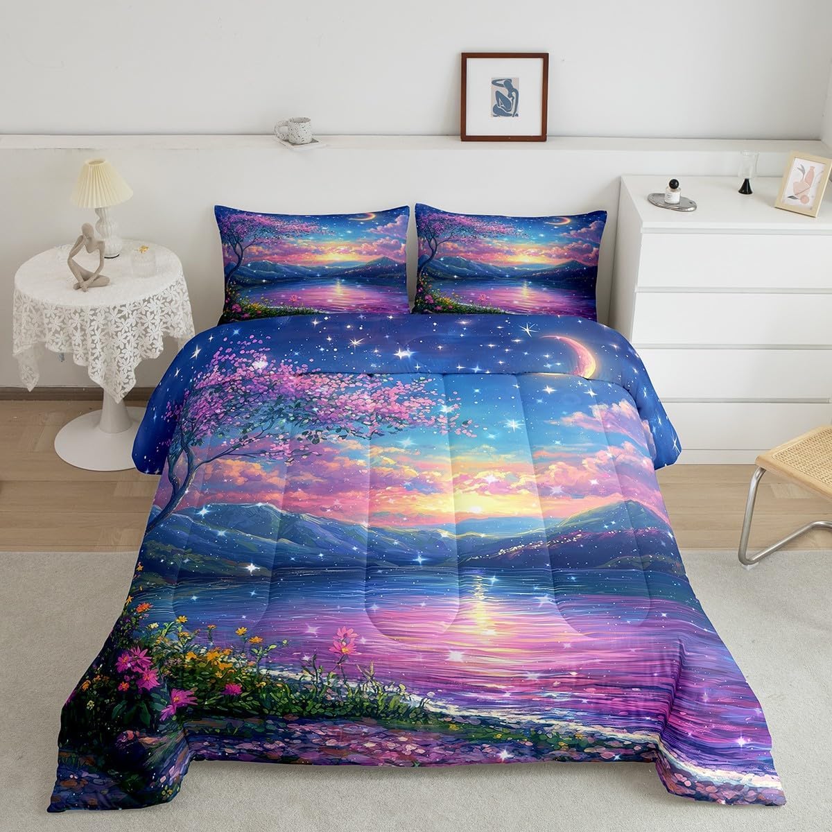 Rustic Flowers Queen Bedding Set for Kids Adults,Romantic Lakeside Trees Flowers Comforter Bed Set,Shining Starry Sky Quilt Set 3 PCS,Watercolor Lake Landscape Duvet Insert,2 Pillow Cases