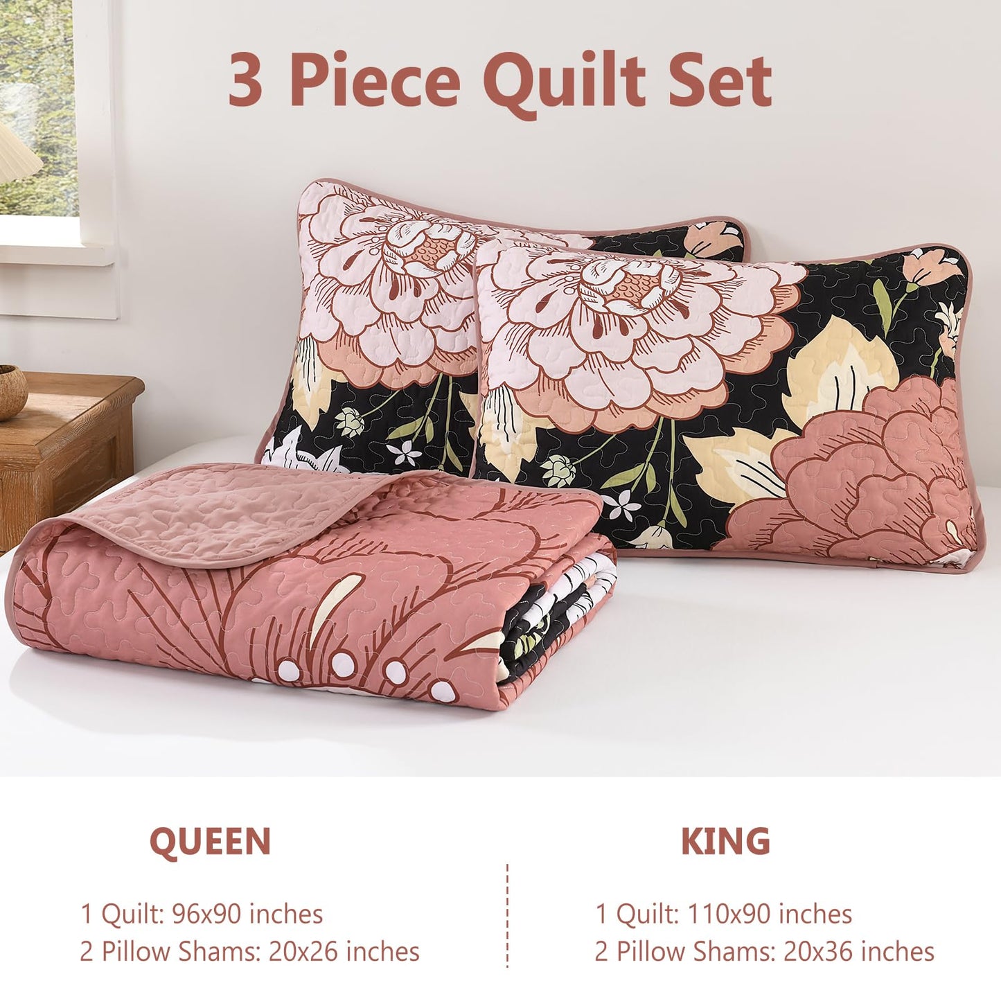 DJY Black Quilt Set Queen Size 3 Pieces Floral Boho Bedspread Coverlet Set, Soft Microfiber Black Pink Farmhouse Floral Quilted Bedding Set Reversible Bed Cover for All Season, 96''x90''
