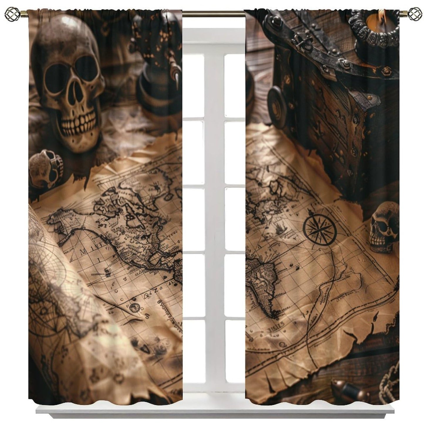 HDESDIS Mystical Pirate Treasure Blackout Curtains for Bedroom, Grommet Drapes Thermal Insulated Room Darkening Retro Skeleton Nautical Map Curtains, 21W x 45L, 2 Panels