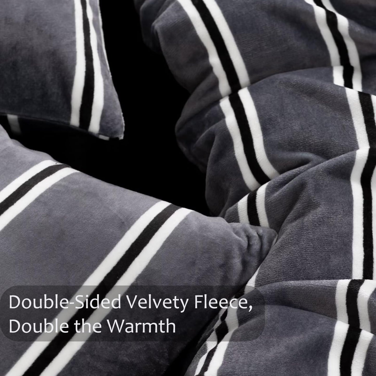 Bedbay Grey Striped Bedding Comforter Set King Size Luxury Velvet Fleece Comforter Set 3 Pcs Fluffy Plush Flannel Bedding Set Cozy Reversible Fleece Soft Warm Shaggy Faux Fur Bed Set All Season