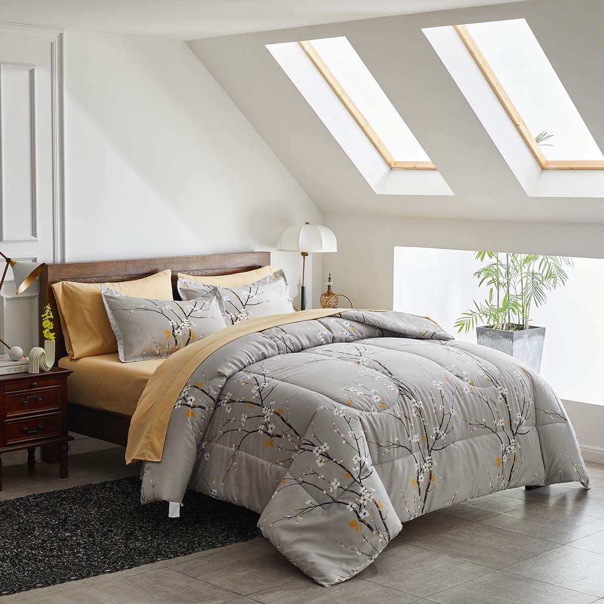 Gray Comforter Sheet Set Bed in a Bag 6 Pieces Twin Size Tree Branch Bloom Flower Spring Summer Bedding Set (1 Comforter 2 Pillow Shams 1 Tan Flat Sheet 1 Fitted Sheet 1 Pillowcases)