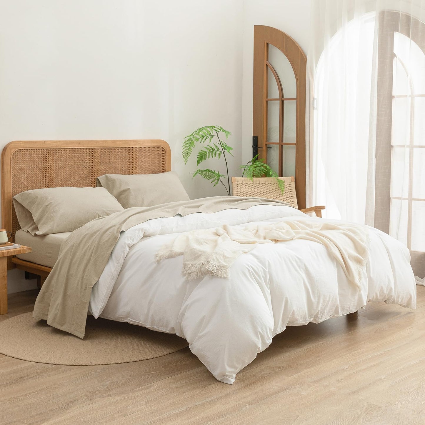 BESTOUCH Flat Sheet Only 100% Washed Cotton Linen Feel Wrinkle-Free, Fade-Resistant, Stain-Resistant, Bed Top Sheet, Solid Almond Milk Grey Queen