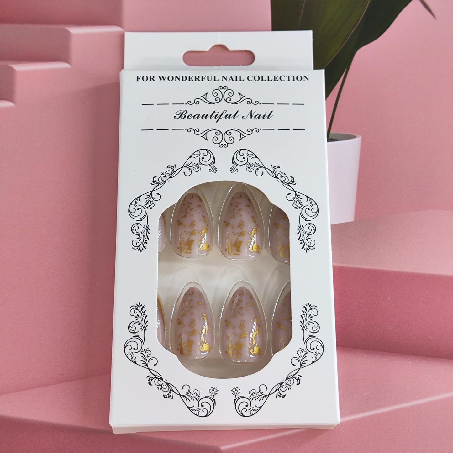 Gold Bow French Tip Press on Nails Medium Almond Fake Nails with Designs Glossy Full Cover Stick on False Nail Set for Women 24 Pcs