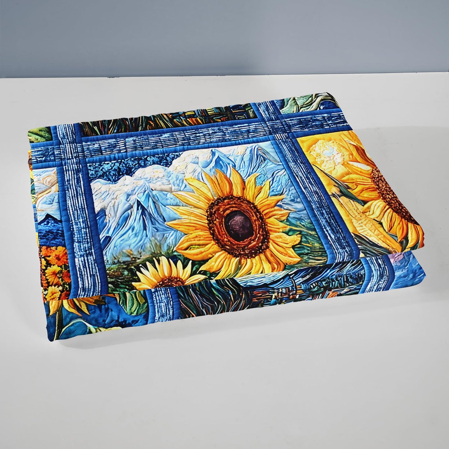 QOOMO Cartoon Sunflower Kids Quilt Set,Flores Print Bedding Set,Blue Room Decoration Soft and Lightweight for All Seasons Twin Size,1 Quilt Set 2 Pillowcases
