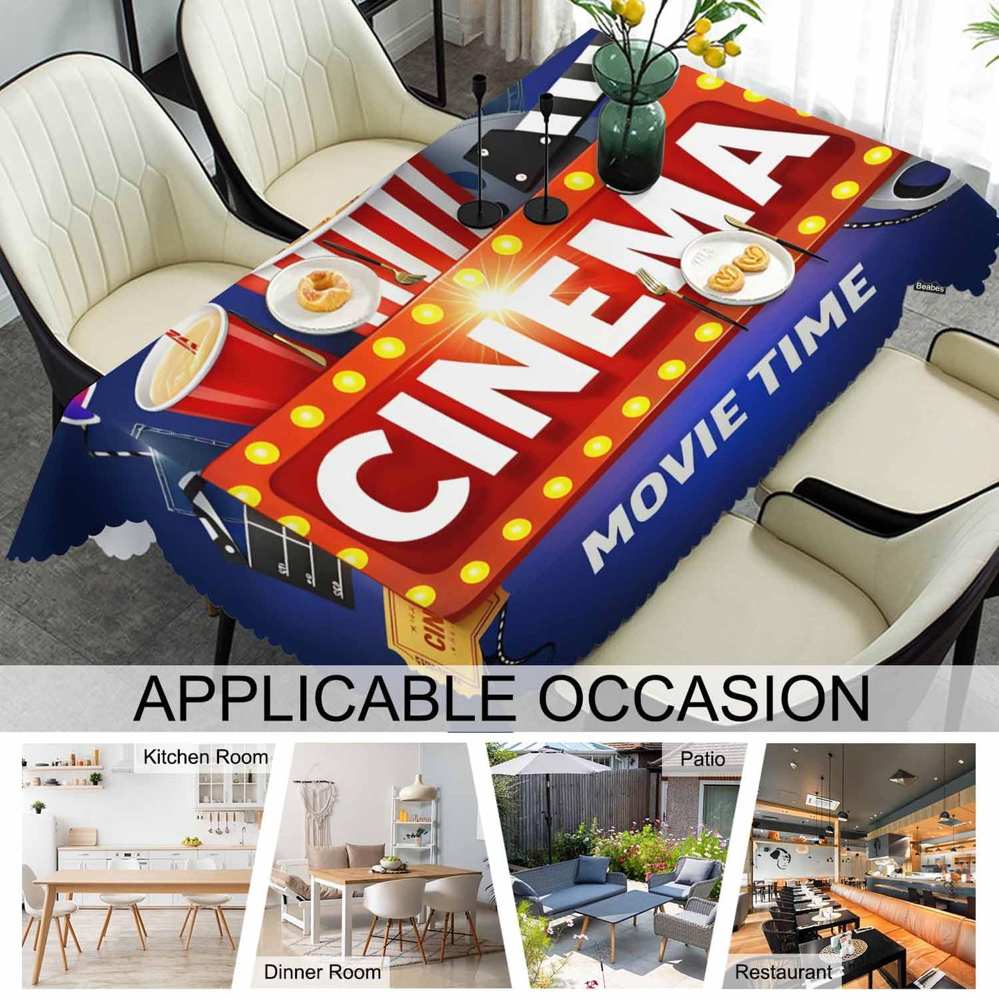 Beabes 52x70 Inch Tablecloth Cinema, Movie Time Popcorn Clapping Board Non-Fading Table Covers Kitchen Dinning Tabletop Decoration, Blue Washable Table Cloth for Outdoor and Indoor Use