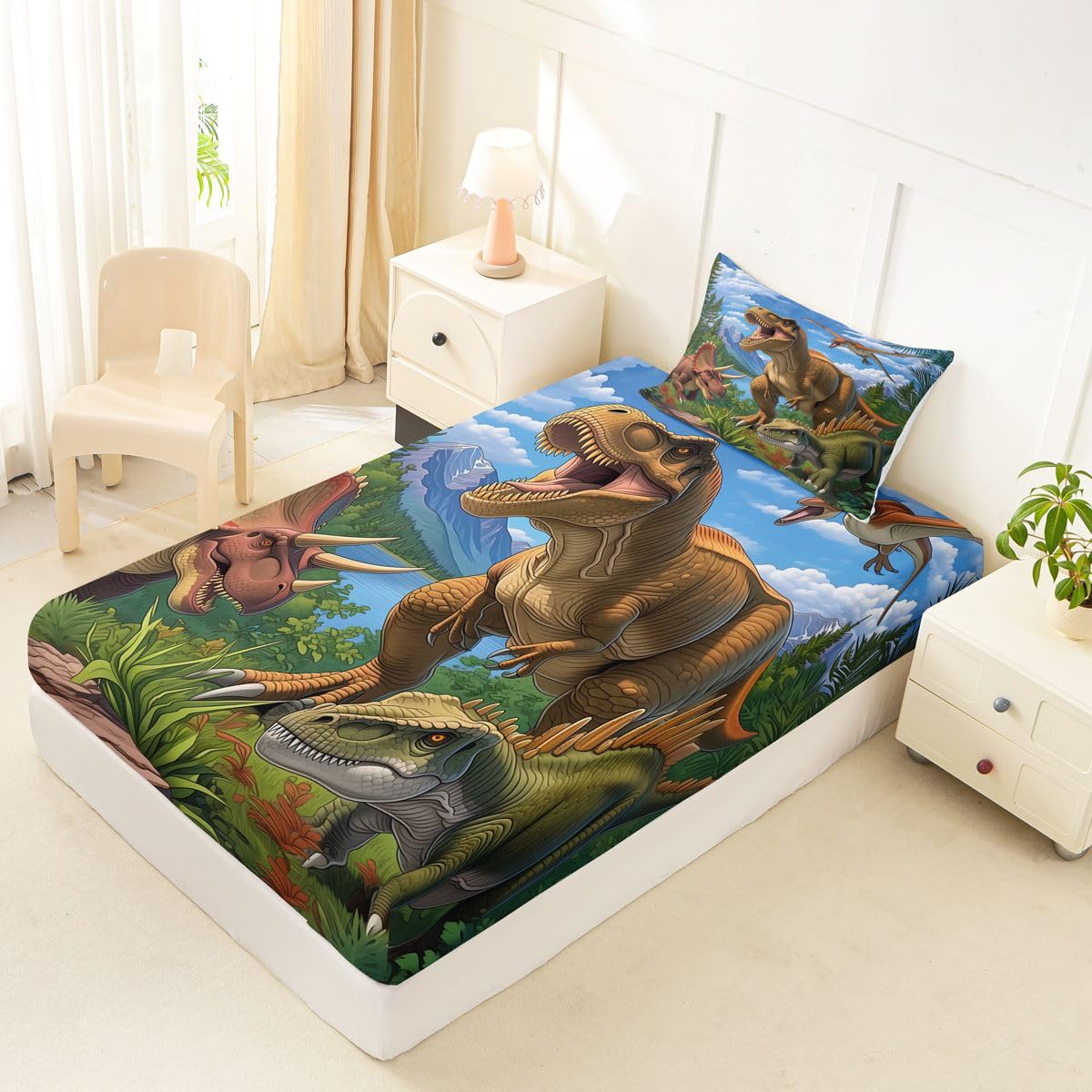 Feelyou Dinosaur Bed Sheets Set Twin Size 3D Digital Print Bed Set Jungle Dino Deep Pocket Fitted Sheet Wild Animal Breathable Soft Lightweight Microfiber Blue and Brown
