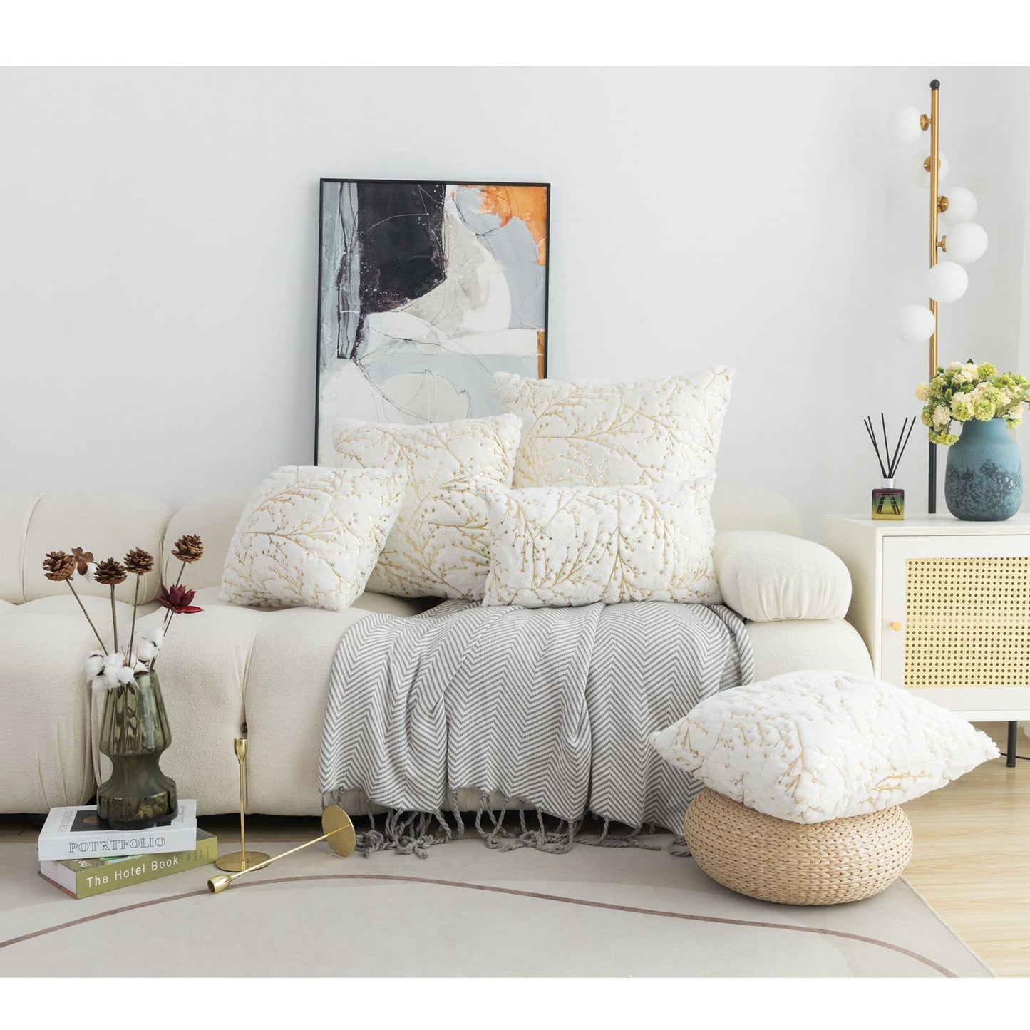 LIGICKY Set of 2 White Fluffy Pillow Covers Faux Fur with Gold Branches Glitter Throw Pillows Decorative Soft Furry Sparkling Square Cushion Cases for Sofa Bedroom Party Decor 12x12 inch (Two-Sided)