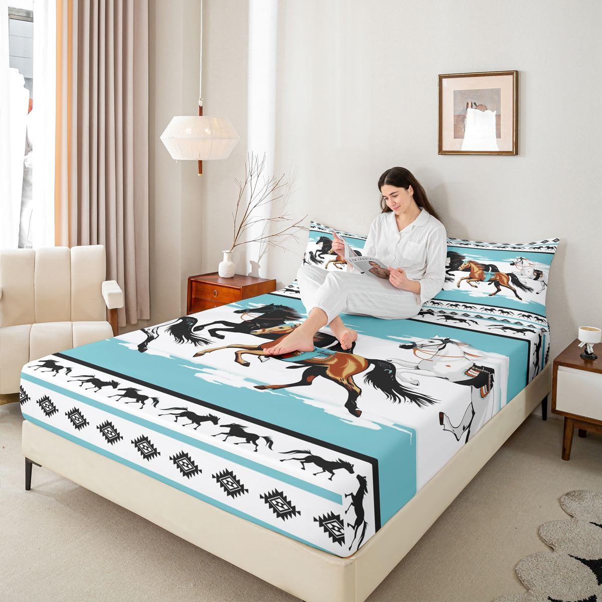 jejeloiu Horses Bed Sheets Set Queen Size Tribal Farm Sunset Run Bed Set Farmhouse Wildlife Deep Pocket Fitted Sheet Southwestern Native Aztec Breathable Soft Lightweight Microfiber