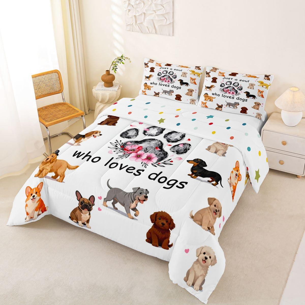 jejeloiu Dogs Bedding Set Soft for Boys Girls, Puppy Dog Comforter Set Toddler Size Cute Animals Duvet Quilt Microfiber Bedroom Decor 2 Pcs with 1 Pillow Cases
