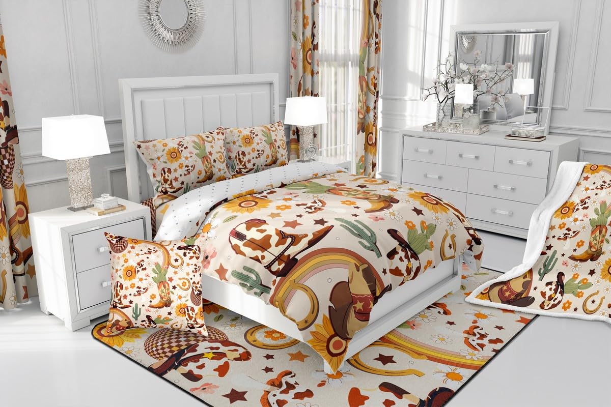 Feelyou Western Bedding Set Soft for Boys Girls, Cowgirl Floral Comforter Set Full Size Western Cowboy Boots Duvet Quilt Wild West Cactus Flower Bedroom Decor Light Beige 3 Pcs with 2 Pillow Cases