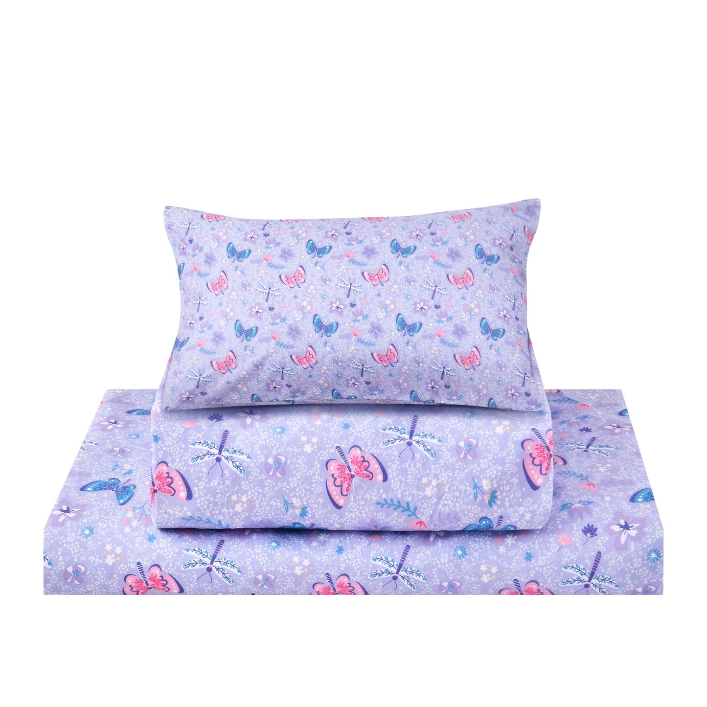 lasoftan Kids Sheet Set Twin Size 3 Pcs, Girls Sheet Set with Floral Butterfly Pattern,Kids Twin Fitted Sheet,Breathable & Silky Soft Microfiber Fitted Sheet