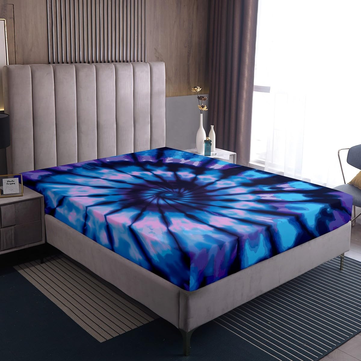 Purple Tie Dye Bed Sheets Blue Spiral Tie Dye Fitted Sheet, Hippie Bedding Sets Boho Bohemian Gypsy Hippie Bedding Decor Set 2 Piece, Abstract Printed Deep Pocket Fitted Sheet+1 Pillowcase,Twin