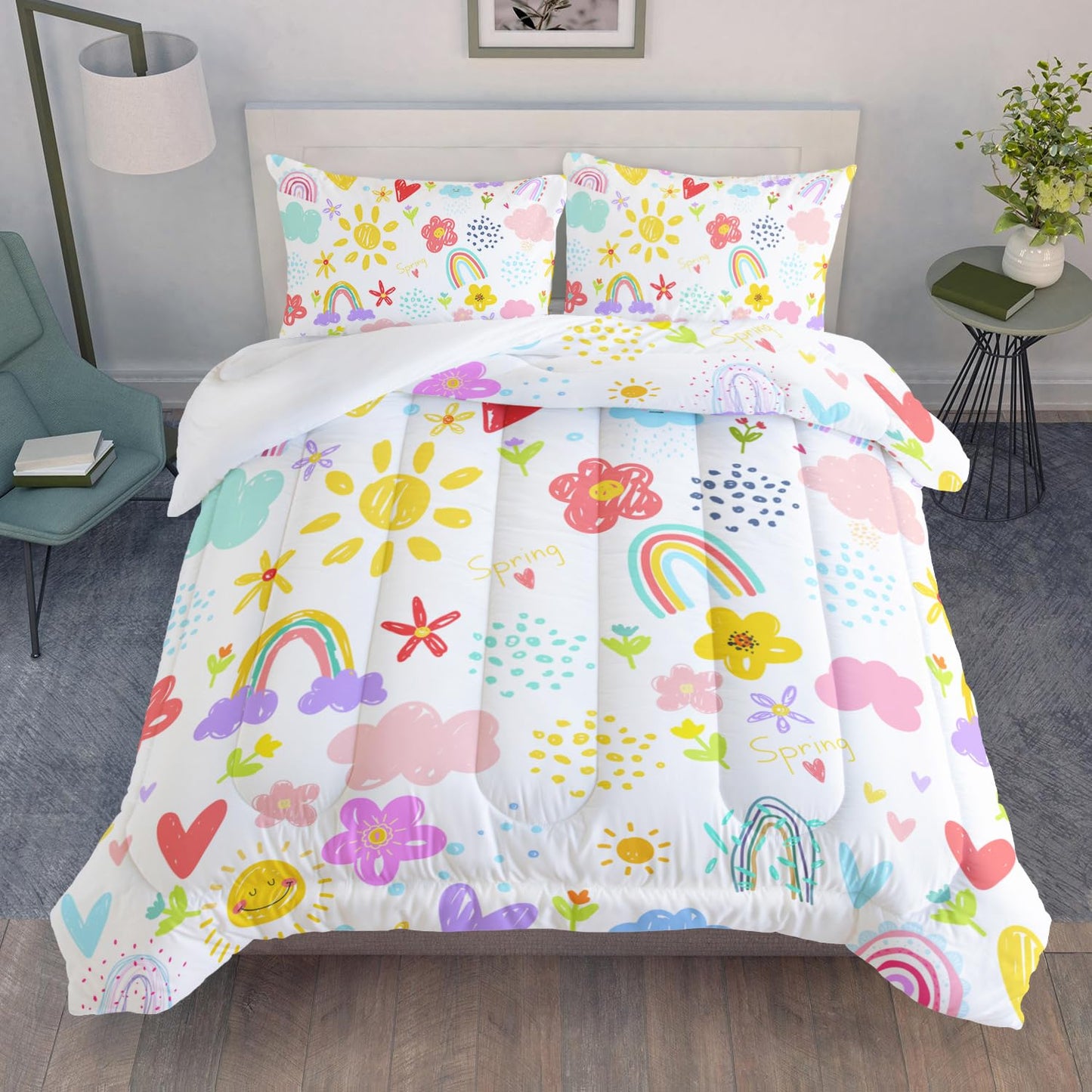 XYNHML Colorful Rainbow Comforter Graffiti Cute Sun Flowers Bedding 3Pcs Full Cartoon Hearts Cloud Pattern Quilt Set for Kids Teens Girls Boys Raindrop Bed Set with 1 Comforter and 2 Pillowcases