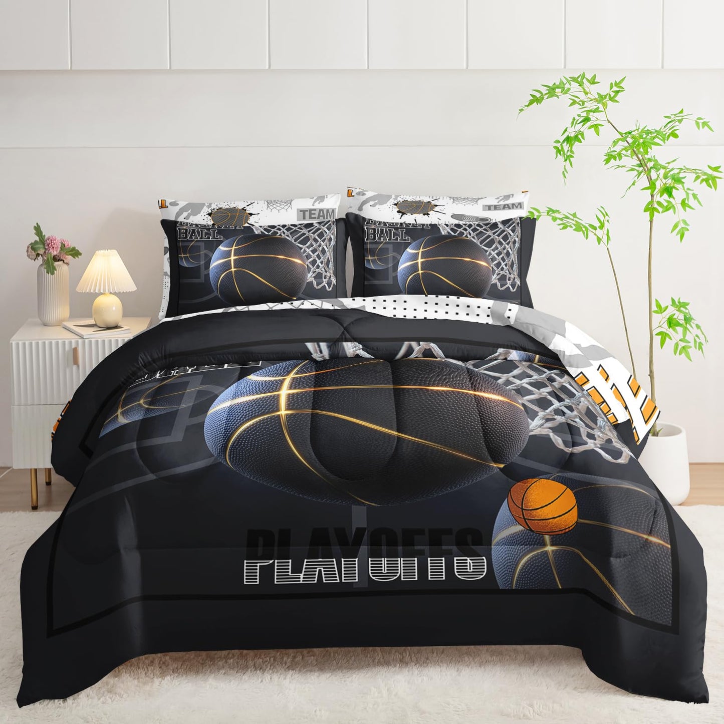 AILONEN Boys Black Basketball Comforter Set Full Size,7-Piece Soft Bed in a Bag,Sport Dunk Basketball Comforter & Fitted Sheet & Flat Sheet & 2 Pillowcases,2 Pillow Shams