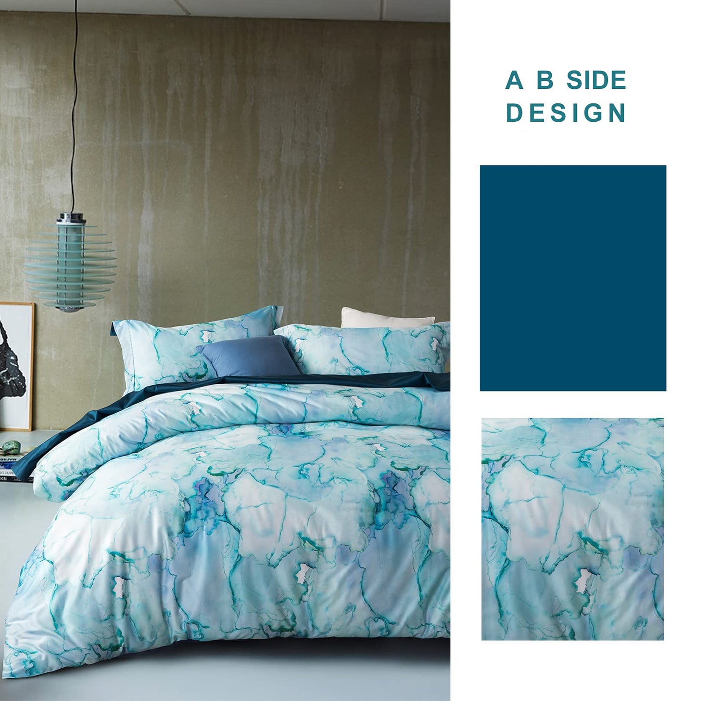 MILDLY Floral Duvet Cover Set - 100% Long-Staple Cotton Aqua Watercolor Marble Pattern Printed Comforter Cover 3pcs Soft Breathable Luxury Bedding for All Season