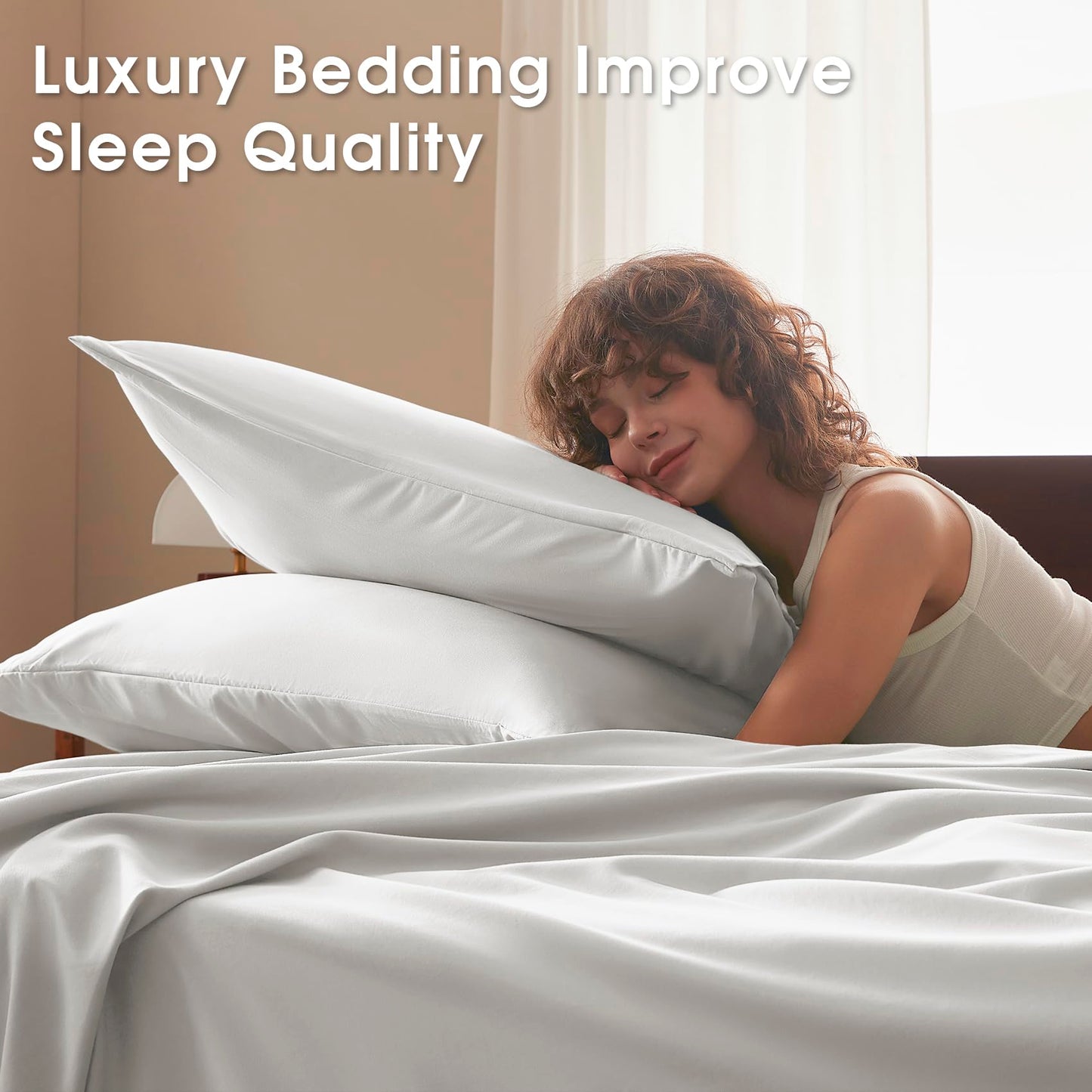 USXIBEI Queen Size 4 Piece Sheet Set - Comfy Breathable & Cooling Bed Sheets Set, Soft and Wrinkle Free, Deep Pockets, Easy & Secure Fit, Hotel Luxury Bedding - Oeko-Tex - White
