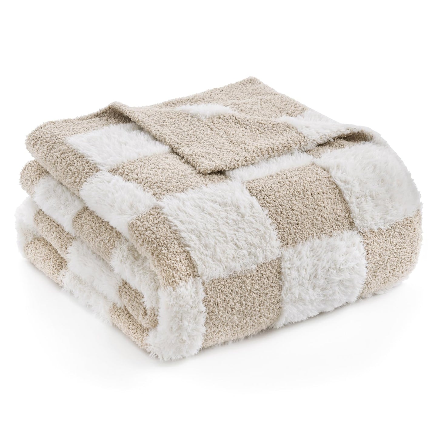Snuggle Sac Checkered Throw Blanket Faux Fur Microfiber Blankets for Couch,Cozy Soft Warm Blanket for Sofa Bedroom Living Room,Beige Checker,50x60 inches