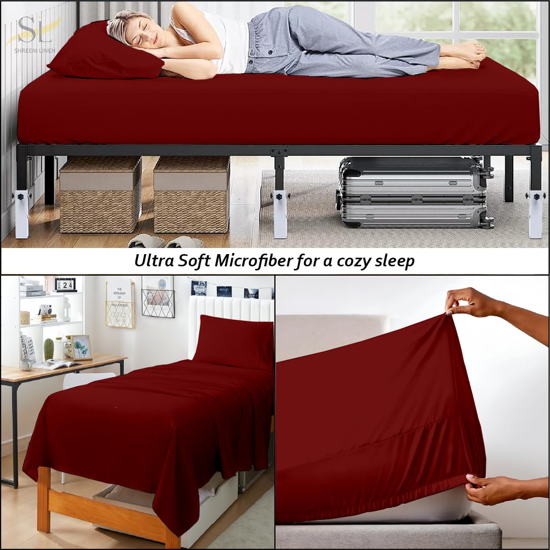 Full XL Sheet Set for Dorm, Soft Microfiber Bed Sheets with Pillowcase, Wrinkle Resistant & Lightweight, Ideal for College Dorm Room Bed, Burgundy
