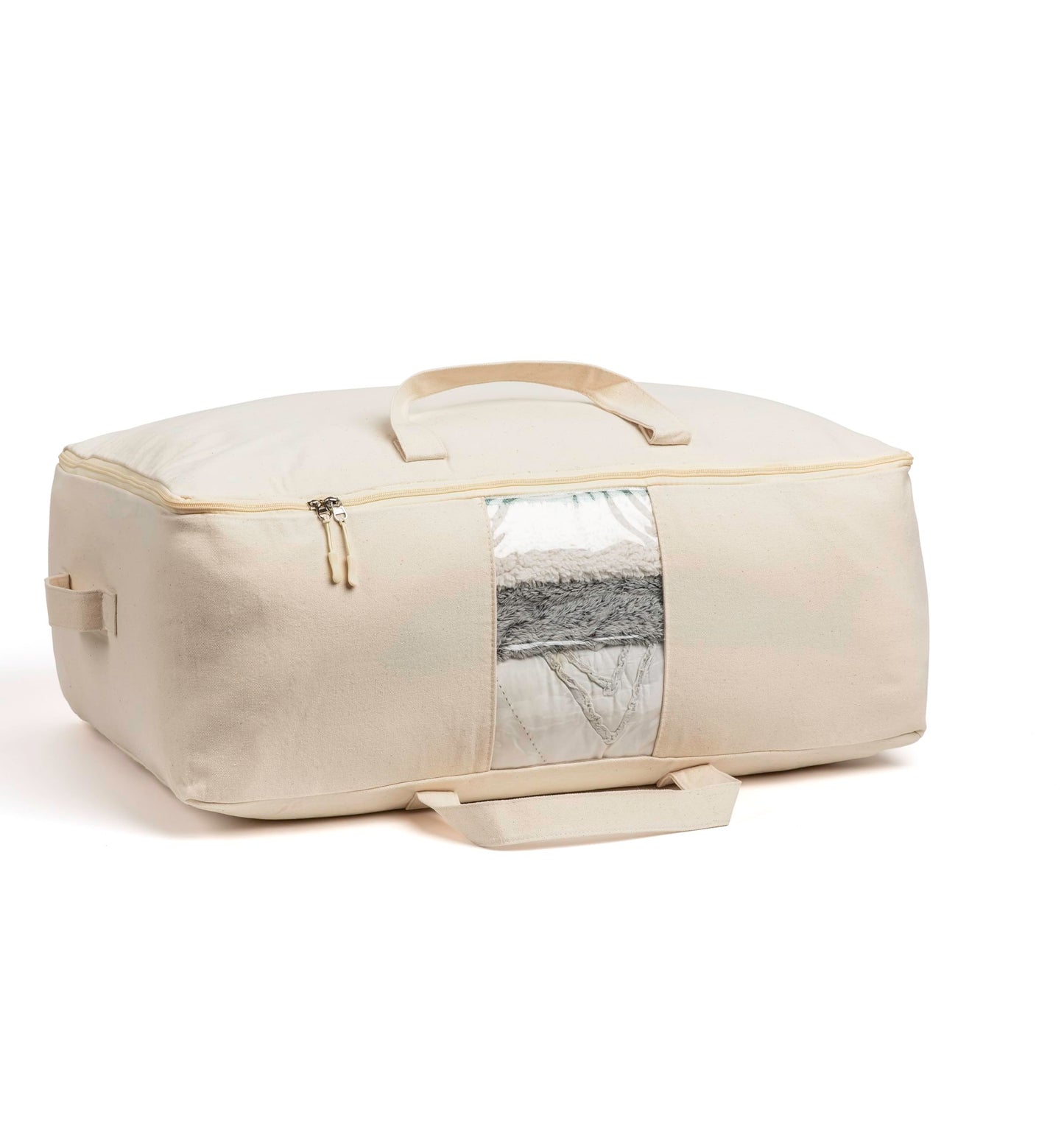 Soft Canvas Storage Bags with Zipper. Thick Breathable, 1pc King/Queen Comforter Organizer. Four Carrying Handles and Window. Large 25x19x9in Bag for Sheets Blankets Bedding Pillows, Clothes