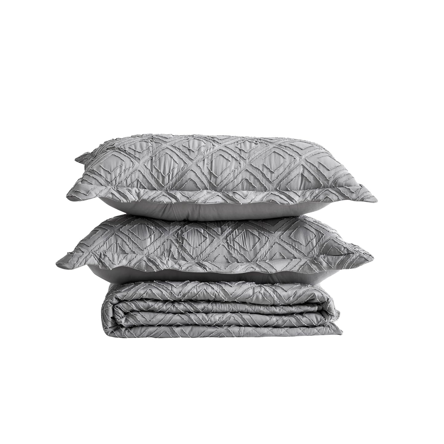 Blythease Oversized King Bedspread, Clipped Jacquard Diamond Quilt Set King/Cal King, Lightweight Tufted Reversible Coverlet, Scalloped Edge - Shabby Chic Boho Look, 3 Piece, Grey