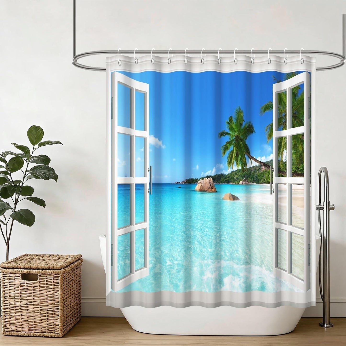 Yeele Ocean Beach Fake Window Shower Curtain, Tropical Seascape Bathroom Decor, Machine Washable Decorative Bath Curtain 60x72 Inch with Hooks