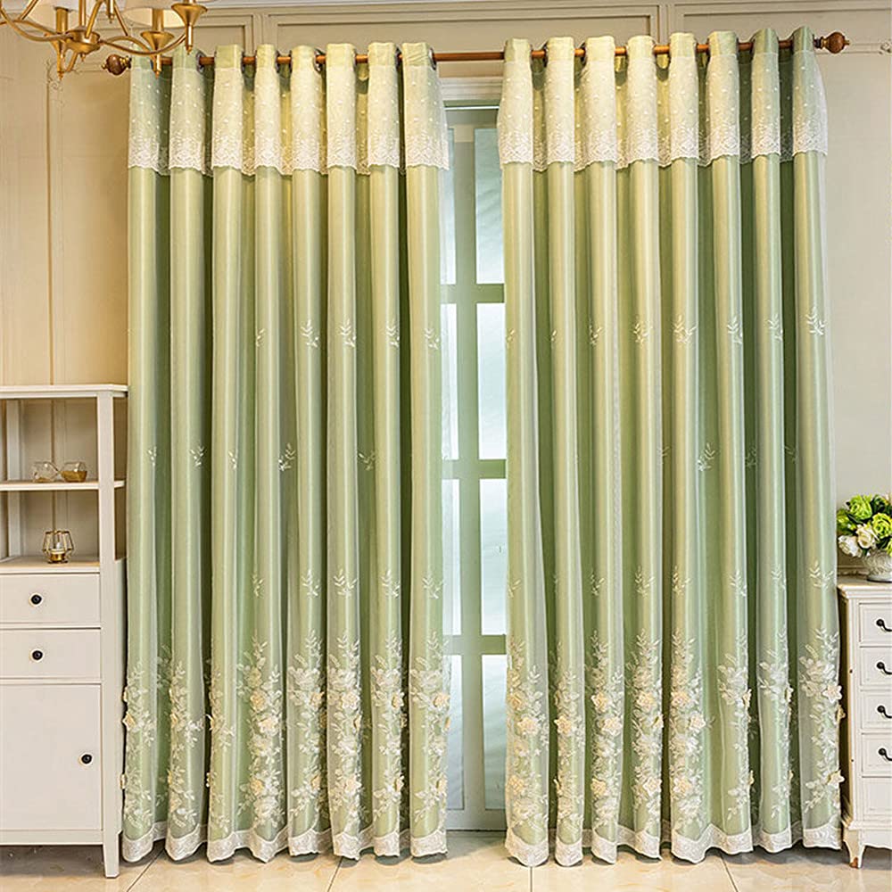 Amidoudou 1 Pair European 3D Flower Luxury Embroidered Curtains Double Layer Curtains with Valance for Living Room Bedroom (Green,52x96 Inch)
